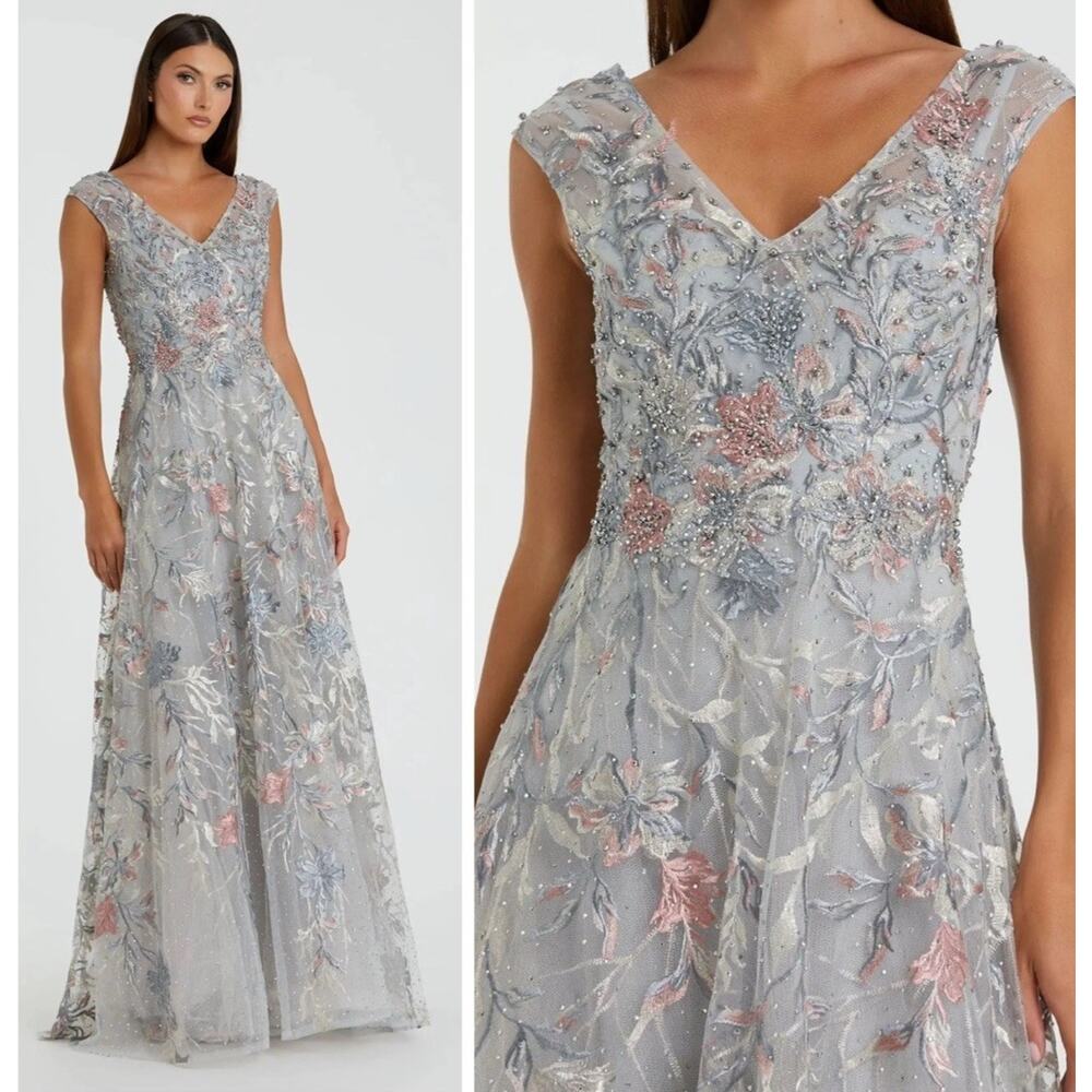 Mac Duggal Gray Size 6 Embroidered Illusion Maxi Gown Cap Sleeve A Line 20263NWT